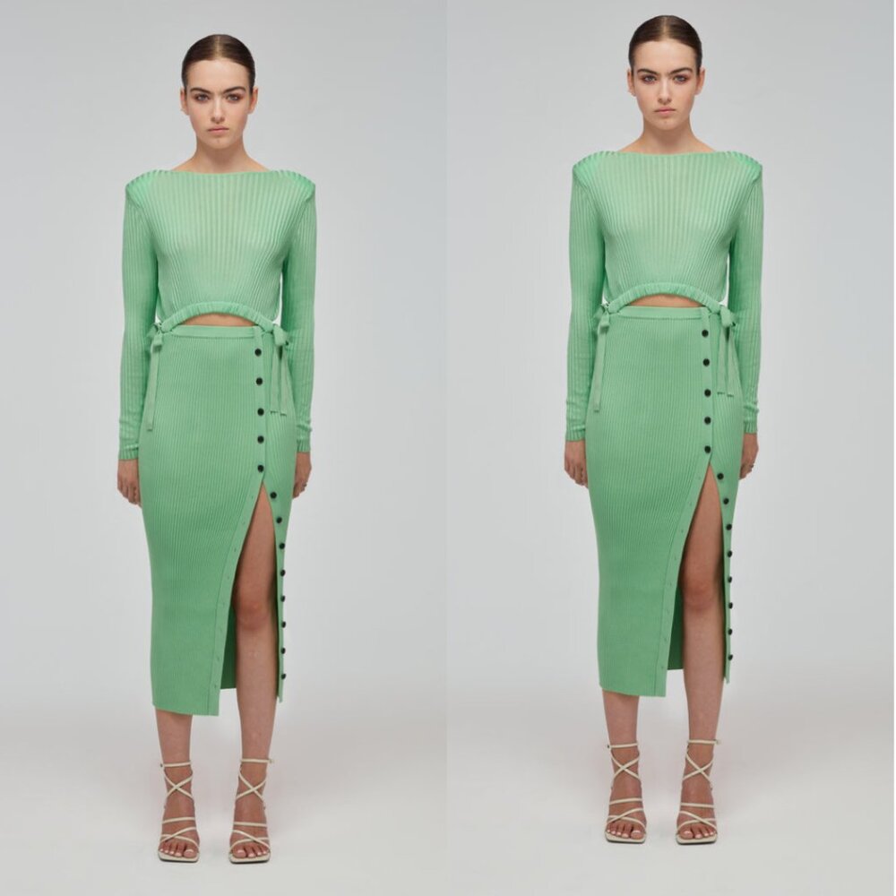 NWT Self-portrait Ribbed Knit Midi Dress Spearmint Small Cut-out Button Details